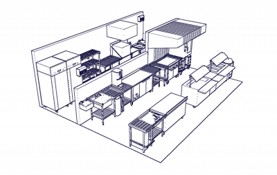 School kitchen design example including a combi oven and bain marie servery