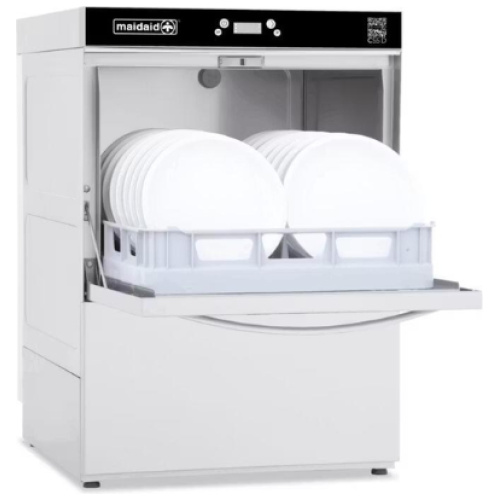 Maidaid C55WSD commercial glass dishwasher with door open showing 500mm rack