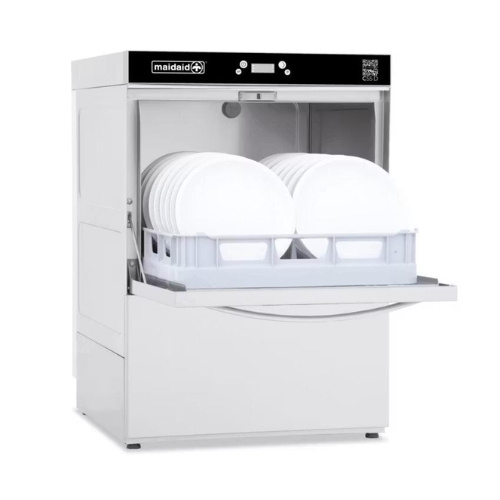 Maidaid C55WSD commercial glass dishwasher with door open showing 500mm rack